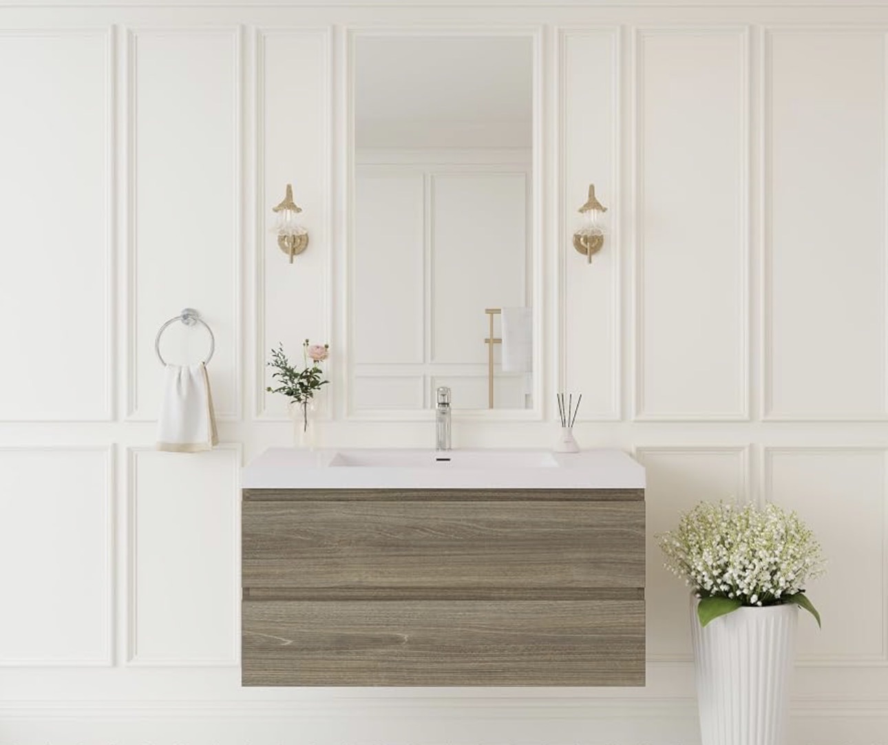 DAMAGED SEE IMAGE AT THE END 42 Inch Floating Bathroom Vanity with Sink, Wall Mounted Floating Vanity with Soft Close Drawers, Large Storage Bathroom Vanity with One-Piece Smooth Sink, Fully Assembled (Ash Grey, 42 single sink) : Tools & Home Improvement