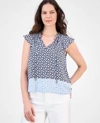 Nautica Jeans Women's Tile-Print Linen-Blend Blouse SIZE SMALL