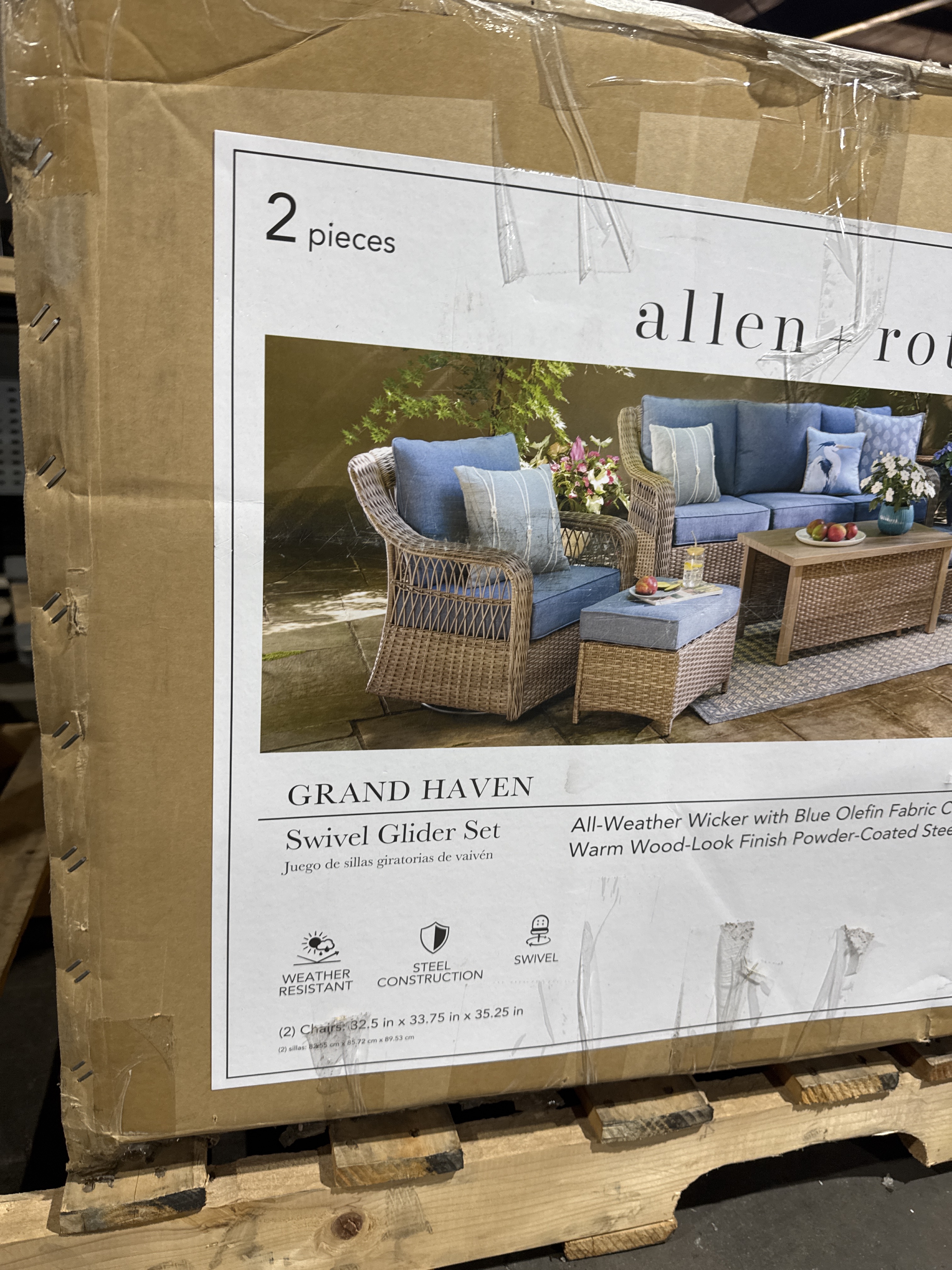 allen   roth Grand Haven2 PIECE ONLY Piece Patio Sofa Conversation Set with Blue Cushions (see attached photos 1 chair only)