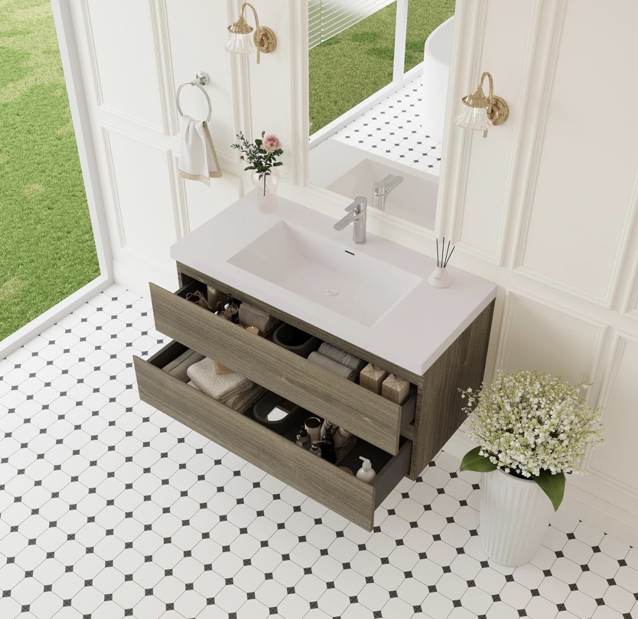 DAMAGED SEE IMAGE AT THE END 42 Inch Floating Bathroom Vanity with Sink, Wall Mounted Floating Vanity with Soft Close Drawers, Large Storage Bathroom Vanity with One-Piece Smooth Sink, Fully Assembled (Ash Grey, 42 single sink) : Tools & Home Improvement